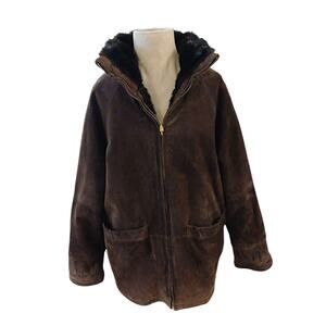 Y2K Leather Suede Coat Faux Mink Reversible Sz M Brown Black Equestrian Western
